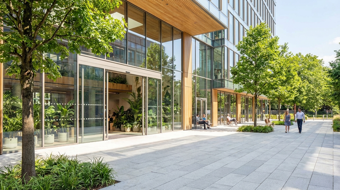 Ein modernes, einladendes Bürogebäude mit einer gläsernen Eingangstür an einem sonnigen Tag. Helles Tageslicht, saubere Umgebung, grüne Pflanzen im Eingangsbereich. Realistische Szene ohne Schriftzüge oder Logos.