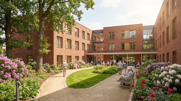 Eine gepflegte, moderne Seniorenresidenz mit einer ansprechenden Backsteinfassade und einem wunderschön angelegten, blühenden Garten. Alte Bäume, sichere Gehwege im Sonnenschein, friedliche und einladende Atmosphäre.