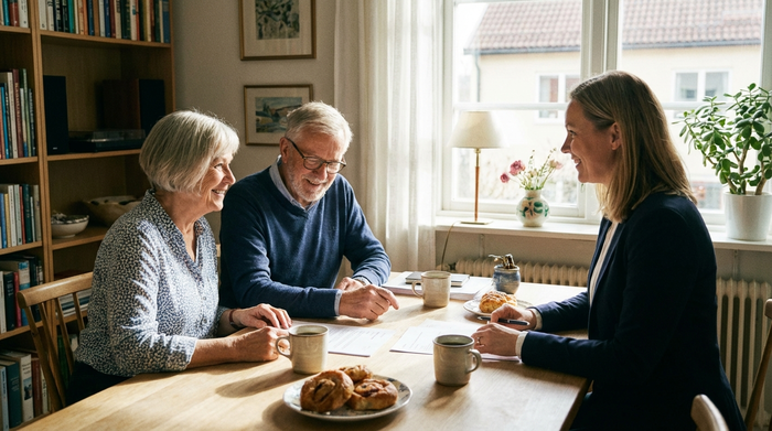 Ein älteres Ehepaar sitzt am heimischen Esstisch und schaut gemeinsam mit einer freundlichen Beraterin auf einige Dokumente. Entspannte, vertrauensvolle Atmosphäre, helle Beleuchtung, Tassen mit Kaffee auf dem Tisch.