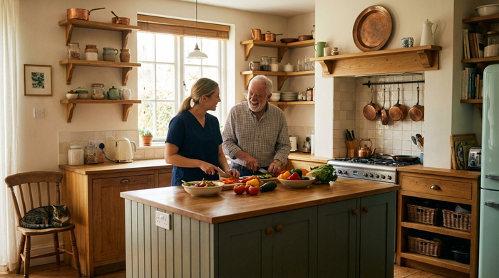 Eine freundliche Betreuungskraft kocht gemeinsam mit einem lachenden Senioren in einer gemütlichen, gut beleuchteten Küche frisches Gemüse. Warme Farben, häusliche Geborgenheit, saubere und aufgeräumte Umgebung.