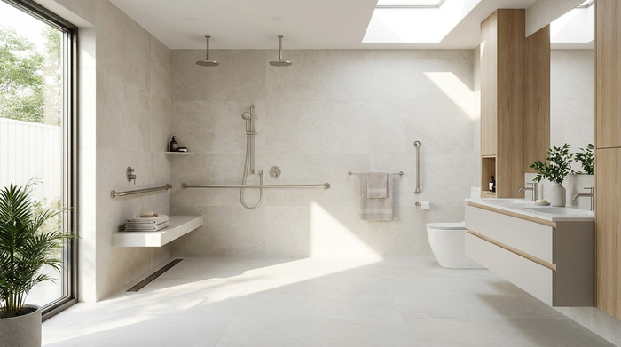 Ein modernes, barrierefreies Badezimmer mit einer großzügigen, bodengleichen Dusche, eleganten Haltegriffen und rutschfesten, hellen Fliesen. Sauberes Design, Spa-Atmosphäre, viel Tageslicht.