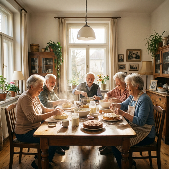 Eine Gruppe von Senioren sitzt in einem sonnendurchfluteten Raum einer Tagespflege an einem Tisch zusammen. Sie backen gemeinsam Kuchen. Fröhliche Gesichter, Mehl auf dem Tisch, warme und einladende Atmosphäre, keine Texte im Bild.