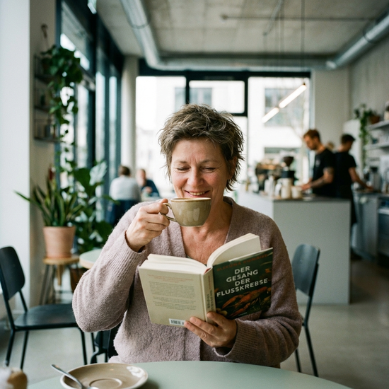 Eine entspannte Frau mittleren Alters sitzt in einem modernen Café und trinkt genüsslich einen Kaffee, während sie ein Buch liest. Sie wirkt erholt und glücklich. Im Hintergrund unscharfe Café-Atmosphäre.