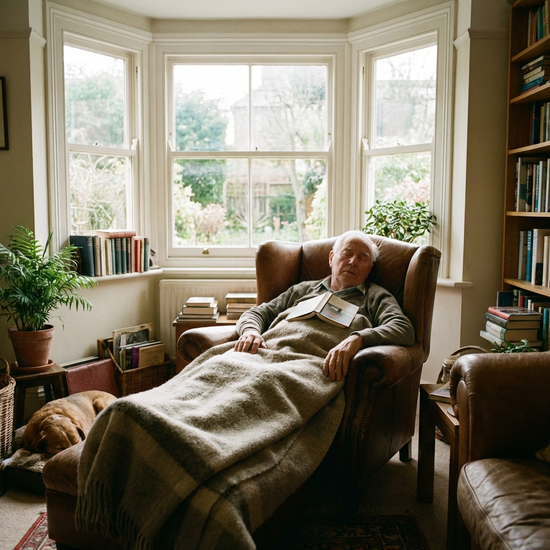 Ein älterer Herr ruht sich friedlich in einem bequemen Ruhesessel aus, zugedeckt mit einer weichen Decke. Ein helles Fenster im Hintergrund lässt weiches Licht in den gemütlichen Ruheraum fallen.