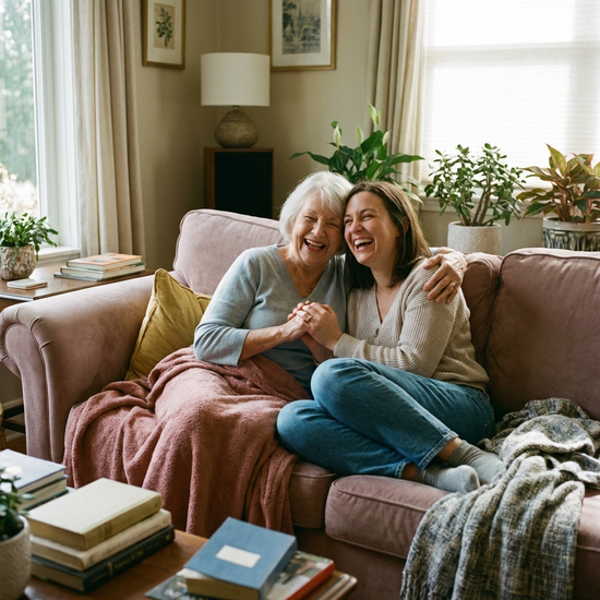 Zwei Frauen, eine ältere und ihre erwachsene Tochter, sitzen entspannt auf einem Sofa im heimischen Wohnzimmer und unterhalten sich lachend. Harmonie und Erleichterung sind spürbar.
