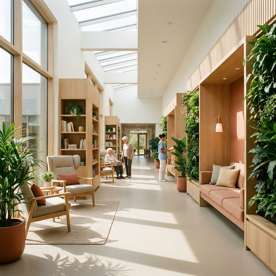 Ein moderner, heller Flur in einer freundlich eingerichteten Senioreneinrichtung. Pflanzen und gemütliche Sitzecken laden zum Verweilen ein. Realistische Architekturfotografie ohne Schilder.