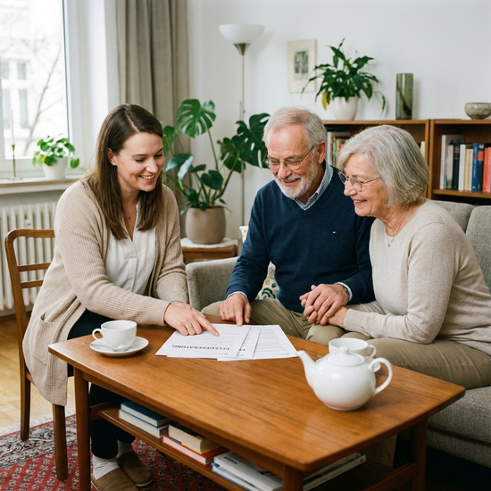 Eine freundliche Pflegeberaterin sitzt mit einem älteren Ehepaar an einem Tisch und bespricht entspannt Unterlagen. Alle lächeln, die Atmosphäre ist vertrauensvoll und professionell.