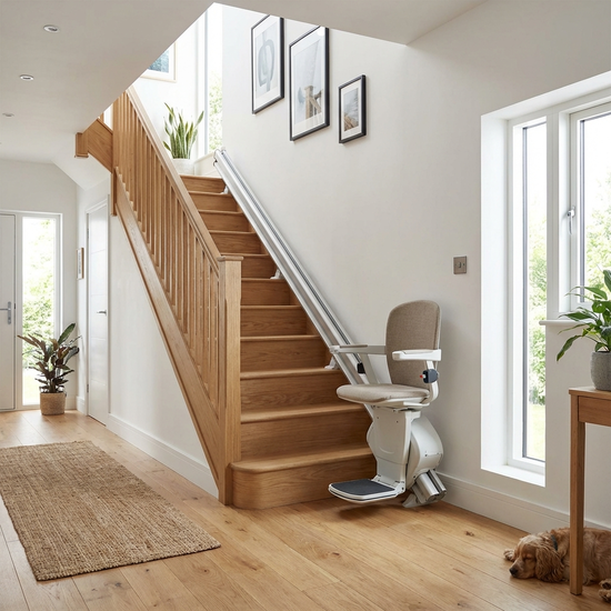 Ein moderner Treppenlift ist an einer eleganten Holztreppe in einem gut beleuchteten Einfamilienhaus installiert. Sauberer, heller Flur, realistische Wohnumgebung.