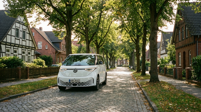 Ein moderner weißer Kleinbus fährt durch eine von Bäumen gesäumte, ruhige Wohnstraße in einer deutschen Kleinstadt. Sonniges Wetter, saubere Umgebung, fotorealistische Aufnahme ohne Schriftzüge.