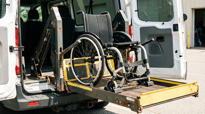Ein ausgefahrener linearer Rollstuhllift am Heck eines weißen Transporters. Ein leerer, moderner Rollstuhl steht sicher auf der Plattform. Helles Tageslicht, detaillierte Nahaufnahme, keine lesbaren Logos.
