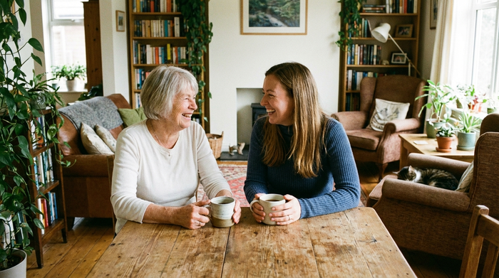 Eine ältere Dame und ihre erwachsene Tochter sitzen entspannt an einem Holztisch bei einer Tasse Kaffee und lächeln sich glücklich an. Gemütliches, helles Wohnzimmer, entspannte und sorgenfreie Atmosphäre.