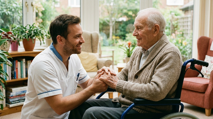 Ein einfühlsamer männlicher Pfleger hält sanft die Hände eines älteren Herrn im Rollstuhl und lächelt ihm beruhigend zu. Helle, freundliche Umgebung, empathische und vertrauensvolle Stimmung.
