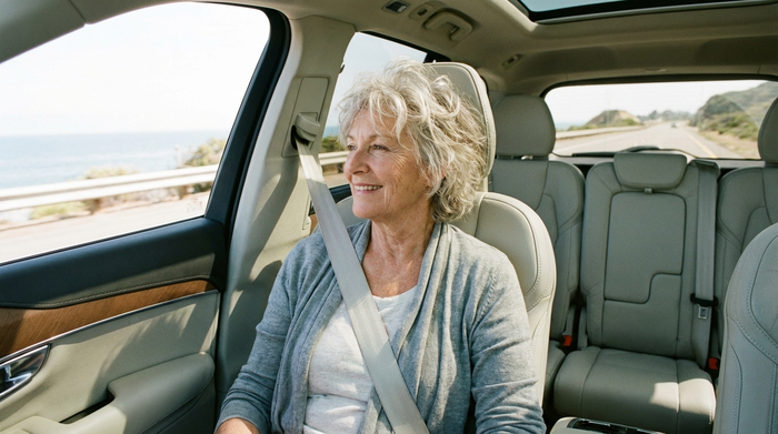 Eine lächelnde Seniorin mit grauem Haar sitzt bequem angeschnallt in einem geräumigen Fahrzeug und blickt entspannt aus dem Fenster. Helles Licht, sauberes Interieur, realistische Szene.