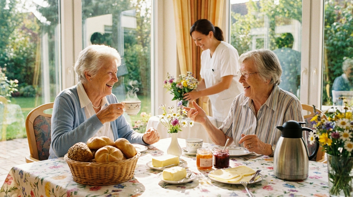 Ein liebevoll gedeckter Frühstückstisch in einer sonnigen Seniorenresidenz. Frische Brötchen und dampfender Kaffee in Porzellantassen. Zwei ältere Damen unterhalten sich freudig, während eine Pflegekraft dezent im Hintergrund lächelt.