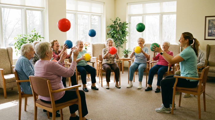 Eine Gruppe von Senioren sitzt im Halbkreis in einem hellen Raum und macht leichte Sitzgymnastik mit bunten Bällen. Die Atmosphäre ist fröhlich und aktiv, eine motivierende Betreuerin macht die Übungen vor.