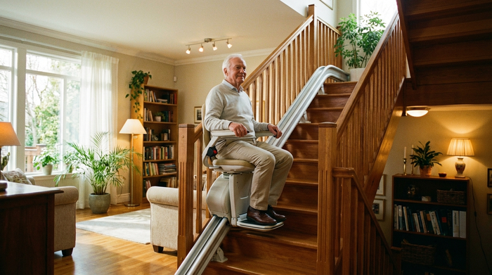 Ein moderner Treppenlift an einer Holztreppe in einem gepflegten, gemütlichen Einfamilienhaus. Ein zufriedener älterer Herr fährt sicher und entspannt nach oben. Helle, freundliche Beleuchtung.