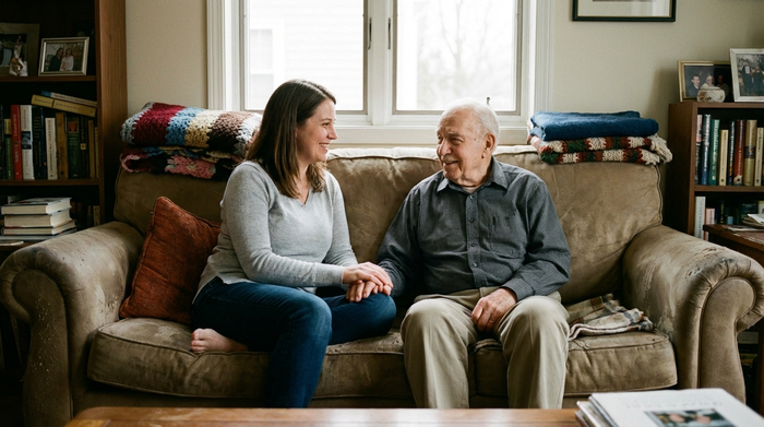 Eine erwachsene Tochter und ihr älterer Vater sitzen auf einem gemütlichen Sofa und unterhalten sich vertraut und liebevoll. Der Vater lächelt entspannt, die Tochter hält sanft seine Hand.