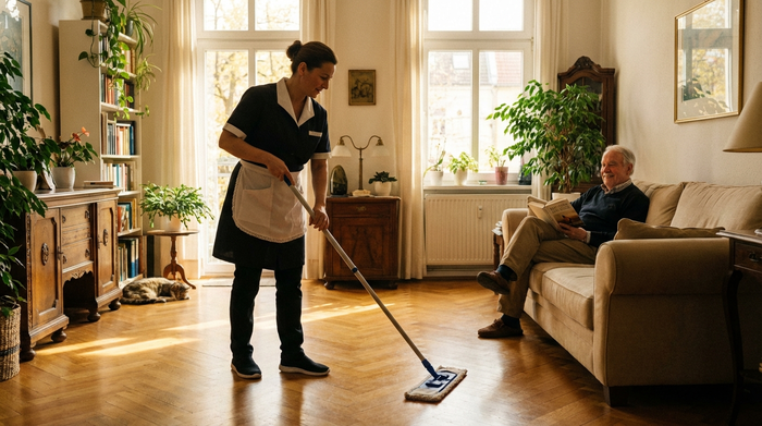 Eine professionelle Reinigungskraft wischt den Holzboden in einem sonnendurchfluteten, gemütlichen Wohnzimmer. Im Hintergrund sitzt ein älterer Herr entspannt auf dem Sofa und liest ein Buch.