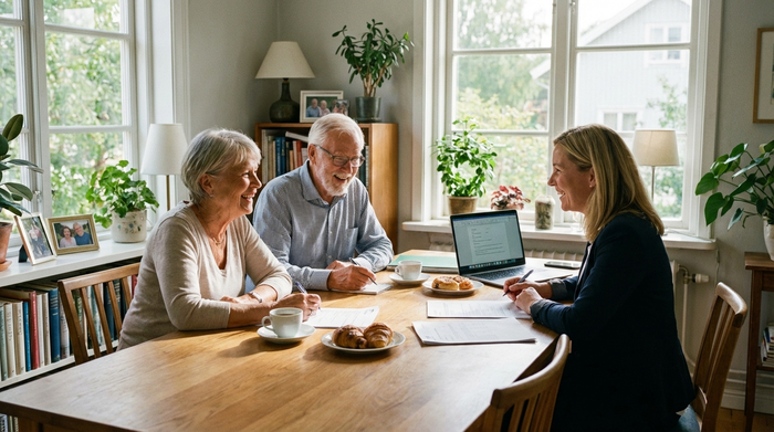 Ein älteres Ehepaar sitzt gemeinsam mit einer freundlichen Beraterin am Esstisch und füllt entspannt Dokumente aus. Helle Umgebung, Kaffeetassen auf dem Tisch, vertrauensvolle Stimmung.