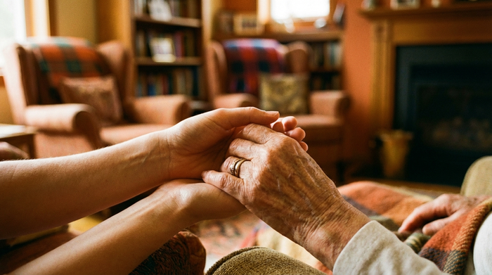 Nahaufnahme von zwei Händen, die sich vertrauensvoll halten – eine jüngere und eine ältere Hand. Im Hintergrund unscharf ein gemütliches Wohnzimmer. Warme Farben, Fokus auf Fürsorge.