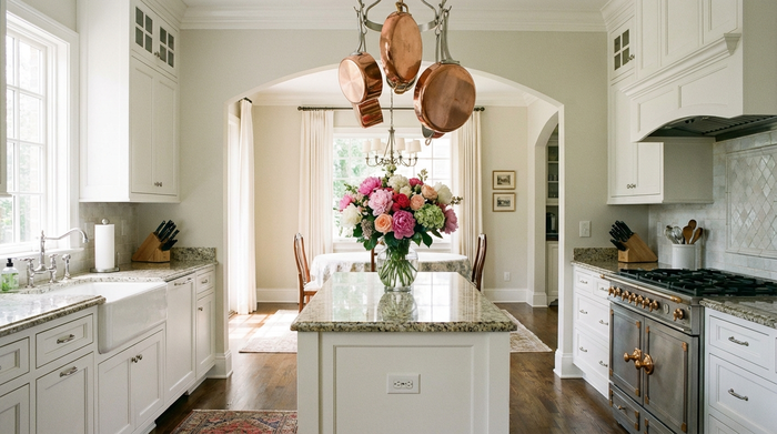 Eine ordentliche, blitzsaubere Küche in einem klassischen Einfamilienhaus. Im Hintergrund sieht man frische Blumen auf dem Esstisch. Helle, realistische Szene ohne Text.