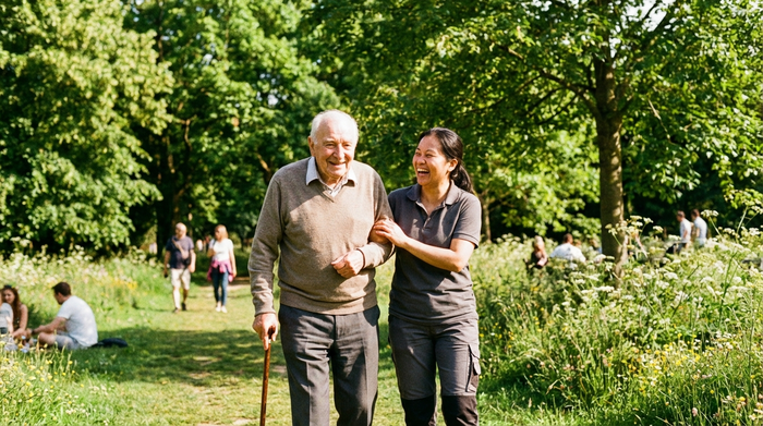 Ein älterer Herr und eine engagierte Betreuungskraft spazieren entspannt durch einen grünen Park an einem sonnigen Tag. Beide wirken glücklich und vertraut, realistische Fotografie.