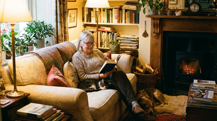 Eine entspannte ältere Dame sitzt auf einem bequemen Sofa in ihrem gemütlichen Wohnzimmer und liest ein Buch. Warme Beleuchtung, friedliche Stimmung, keine Textelemente.