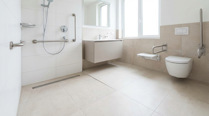Ein modernes, barrierefreies Badezimmer mit einer bodengleichen Dusche und sicheren Haltegriffen an den weißen Wänden. Helle Fliesen, aufgeräumt und sicher gestaltet.