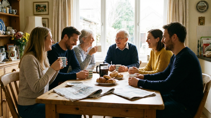 Zwei Generationen einer Familie sitzen zusammen am Esstisch und unterhalten sich harmonisch bei einer Tasse Kaffee. Entspannte, vertrauensvolle familiäre Situation, realistisches Licht.