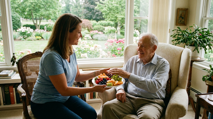 Eine engagierte Betreuungskraft reicht einem älteren Herrn liebevoll einen Teller mit frischem Obst im hellen Wohnzimmer. Im Hintergrund ist ein gepflegter Garten durch das Fenster zu sehen.