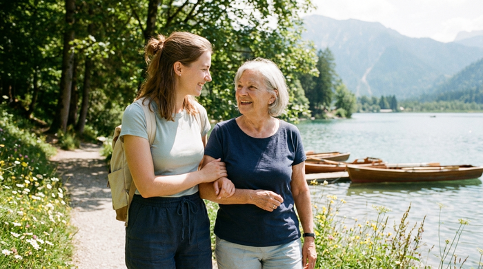 Zwei Frauen unterhalten sich entspannt bei einem Spaziergang an einem sonnigen Seeufer. Die jüngere Betreuerin stützt die ältere Dame sanft am Arm.