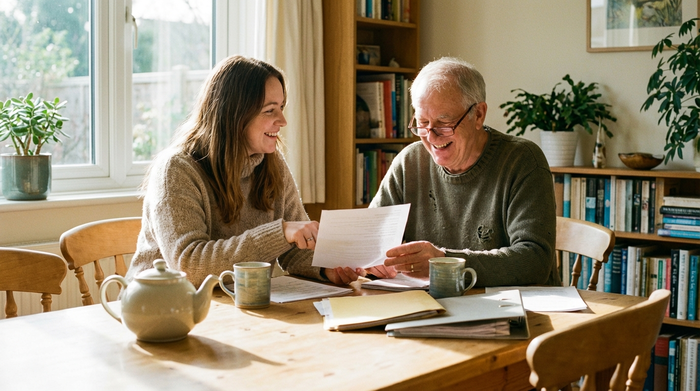 Eine erwachsene Tochter und ihr älterer Vater sitzen am Esstisch und besprechen entspannt Dokumente. Eine Tasse Tee steht auf dem Tisch, die Stimmung ist zuversichtlich.