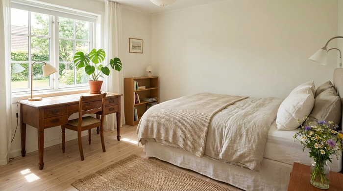 Ein helles, freundlich eingerichtetes Gästezimmer mit einem gemütlichen Bett, einem Holzschreibtisch am Fenster und einer grünen Zimmerpflanze. Einladend, ordentlich und sauber.
