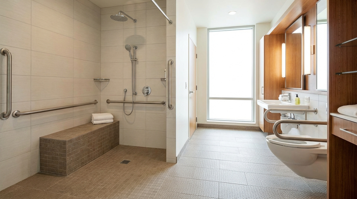 Ein modernes, barrierefreies Badezimmer mit einer großzügigen, ebenerdigen Dusche, stabilen Haltegriffen an den Wänden und rutschfesten Fliesen. Hell und sicher gestaltet.