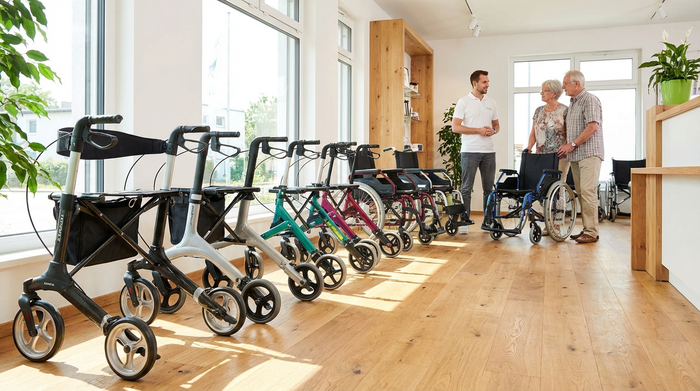 Ein helles, modernes Sanitätshaus von innen. Hochwertige Rollatoren und Rollstühle stehen ordentlich aufgereiht auf einem sauberen Holzboden. Im Hintergrund berät ein freundlicher Mitarbeiter in einem weißen Poloshirt ein älteres Ehepaar.