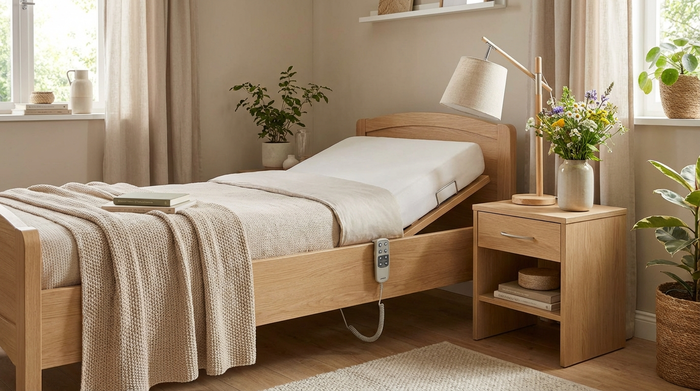 Ein komfortables, elektrisch verstellbares Pflegebett aus hellem Holz in einem wohnlichen Schlafzimmer. Das Kopfteil ist leicht aufgerichtet. Auf dem Nachttisch steht eine Leselampe und ein frischer Blumenstrauß.