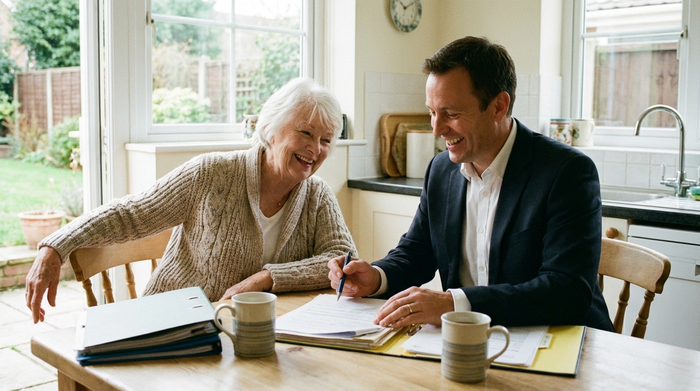 Eine ältere Dame sitzt am Küchentisch und bespricht entspannt Dokumente mit einem professionellen Berater. Auf dem Tisch liegen einige Papiere und zwei Kaffeetassen. Helle, vertrauensvolle Stimmung.