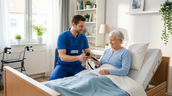 Ein freundlicher Techniker in Arbeitskleidung erklärt einer Seniorin geduldig die Fernbedienung eines neuen Pflegebetts. Die Seniorin nickt verständnisvoll und lächelt. Helles, aufgeräumtes Zimmer.