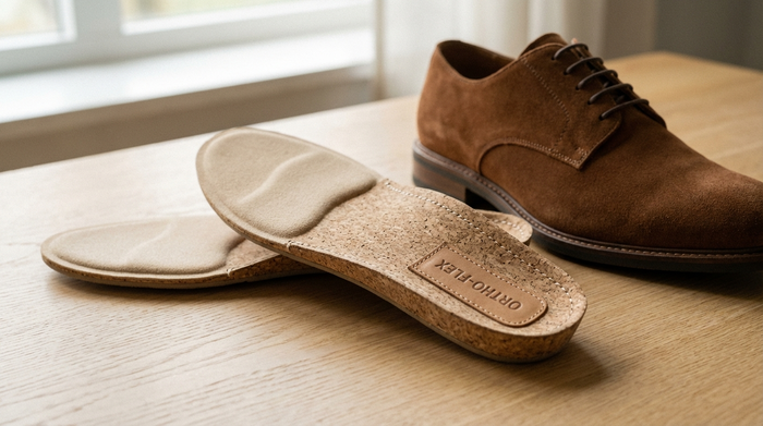 Nahaufnahme von modernen, hochwertigen orthopädischen Einlagen aus Kork und weichem Schaumstoff, die neben einem bequemen, eleganten Halbschuh auf einem hellen Holztisch liegen. Sanftes, natürliches Licht, fotorealistisch, ohne Text.