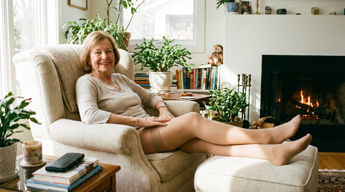 Eine ältere, lächelnde Dame sitzt entspannt auf einem bequemen Sessel in einem hellen, gemütlichen Wohnzimmer und streckt ihre Beine aus. Sie trägt unauffällige, hautfarbene Kompressionsstrümpfe, die wie normale Feinstrumpfhosen aussehen. Fotorealistisch, warme Atmosphäre.