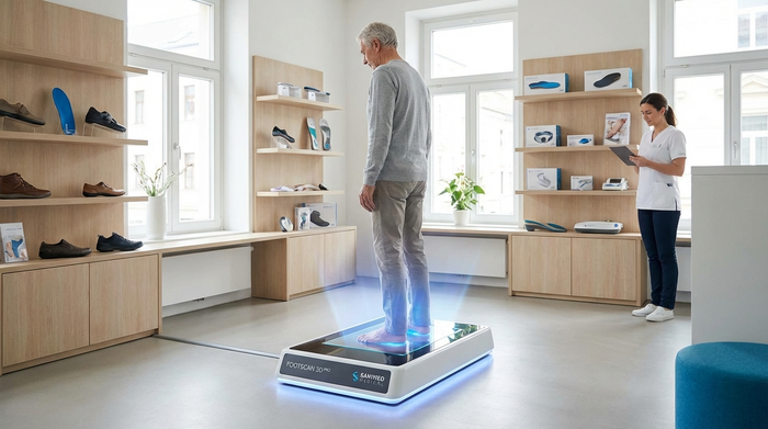 Ein heller, sauberer Raum in einem modernen Sanitätshaus. Ein beleuchteter, hochmoderner 3D-Fußscanner steht auf dem Boden. Ein älterer Herr steht barfuß auf der Glasplatte des Scanners, während sanftes, blaues Licht seine Füße vermisst. Professionelle medizinische Umgebung, fotorealistisch.