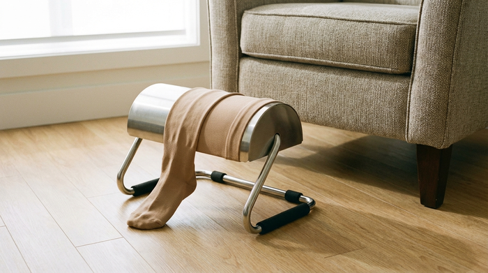 Eine praktische metallene Anziehhilfe für Strümpfe steht auf einem sauberen Fußboden neben einem bequemen Stuhl. Ein hautfarbener Strumpf ist ordentlich über den halbrunden Zylinder der Vorrichtung gestülpt, bereit zum Hineinschlüpfen. Helles Raumlicht, fotorealistisch, ohne Text.