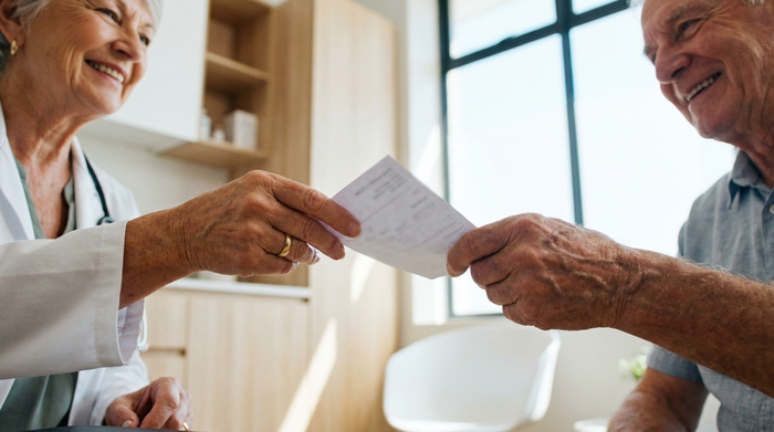 Eine Nahaufnahme der Hände einer Ärztin, die einem älteren Patienten in einer modernen, hellen Praxis ein Rezept überreicht. Vertrauensvolle Atmosphäre, professionelles Umfeld, realistische Fotografie ohne lesbaren Text.
