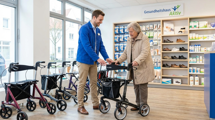 Ein helles, modernes Sanitätshaus von innen. Ein freundlicher Berater in sauberer Arbeitskleidung zeigt einer älteren Dame verschiedene Rollatoren. Im Hintergrund sind aufgeräumte Regale mit Gesundheitsprodukten, realistische Szene.