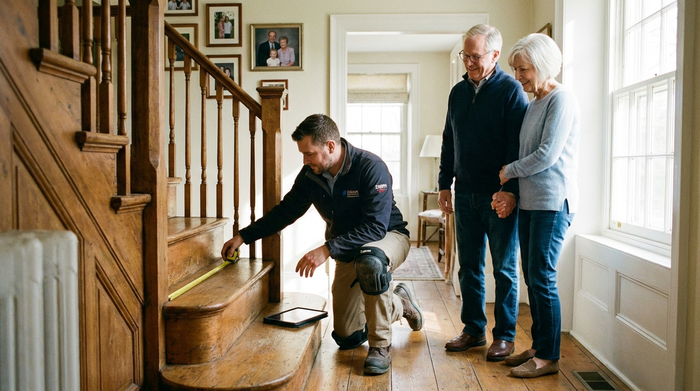 Ein professioneller Techniker misst mit einem Maßband die Stufen einer Holztreppe in einem gepflegten Einfamilienhaus aus. Ein älteres Ehepaar schaut interessiert zu. Helles, freundliches Licht, realistische Fotografie.