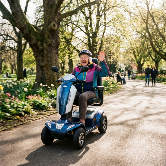 Eine rüstige Seniorin fährt an einem sonnigen Tag fröhlich mit einem modernen Elektromobil durch einen grünen Park. Bäume und ein gepflasterter Weg im Hintergrund, realistische Fotografie, dynamische und positive Stimmung.