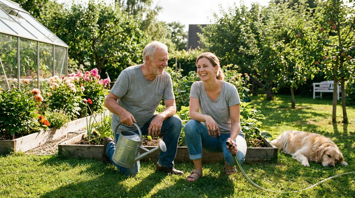 Ein älterer Herr gießt gemeinsam mit seiner erwachsenen Tochter Pflanzen im heimischen Garten. Beide lächeln entspannt an einem sonnigen Nachmittag in einer gepflegten Umgebung.
