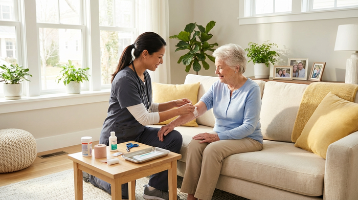 Eine professionelle Pflegekraft legt behutsam einen Verband am Arm einer älteren Dame an. Die Szene findet in einem hellen, sauberen Wohnzimmer statt, medizinische Utensilien liegen ordentlich bereit.