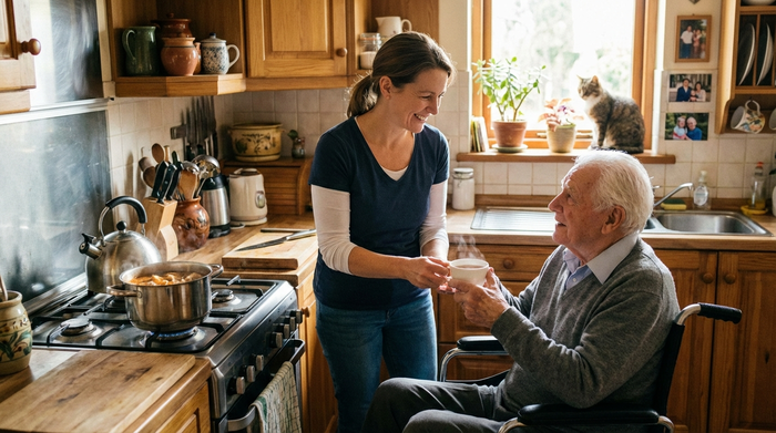 Eine fürsorgliche Betreuungskraft reicht einem Senior im Rollstuhl eine Tasse Tee. Sie befinden sich in einer gemütlichen Küche, im Hintergrund kocht Essen auf dem Herd.
