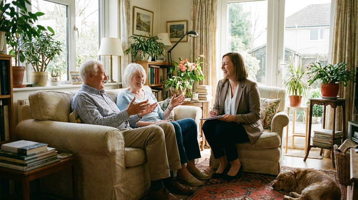 Ein älteres Ehepaar sitzt auf einem Sofa und unterhält sich entspannt mit einer freundlichen Pflegeberaterin. Offene Körpersprache und ein helles, einladendes Wohnzimmer.